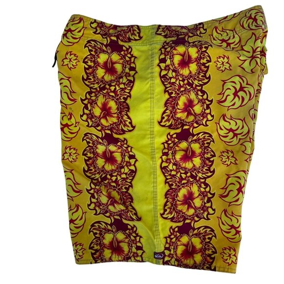 Quiksilver Sz 38 Hawaiian Swim Board Shorts Hibiscus Floral Yellow Orange - Picture 11 of 16